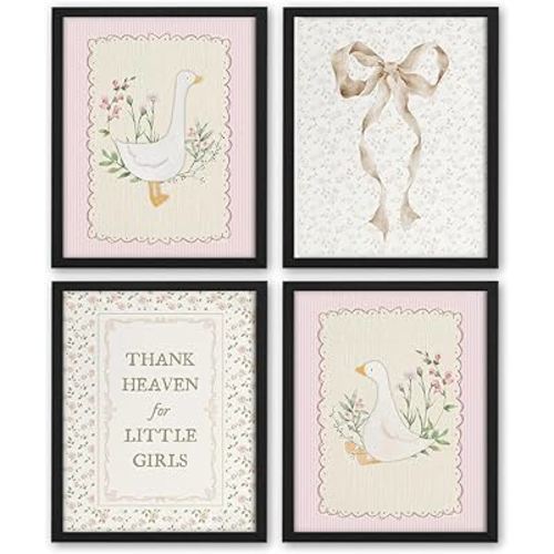 NaZaUK Coquette Pink Silly Goose Wall Art Nursery, Vintage Baby Girl Nursery Decor, Bow Wall Decor, Thank Heaven for Little Girls Painting Artwork for Gallery Bedroom, 8x10 Inches Set of 4 Unframed