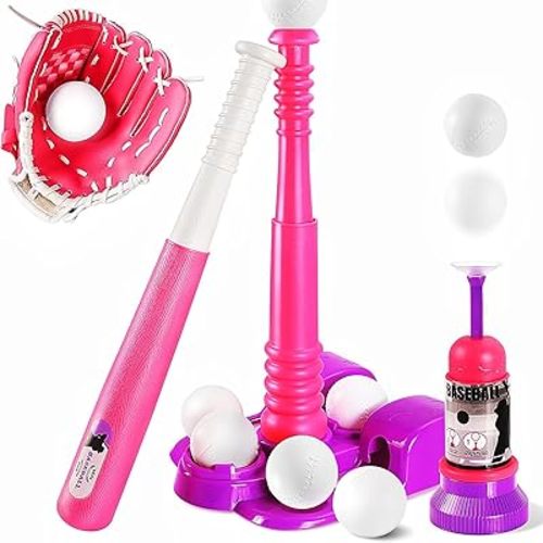 Tball Set for Kids, Pink T Ball Sets for Toddlers 1-3 Girls, Baseball Toys with 6 Balls/Glove/Pitching Machine/Bat/Tee, Outdoor Sports Gifts for Girls(Pink)