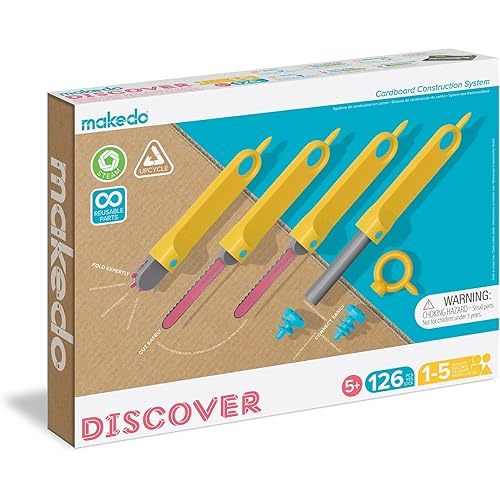 Makedo Discover | 126 Piece Cardboard Construction Toolbox for 1-5 Makers | STEM and STEAM Educational Toys for Kids | at Home Play + Classroom Learning | Reusable Tools for Boys and Girls Age 5+