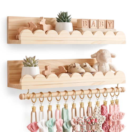 Threns Nursery Floating Shelves for Wall, Wooden Nursery Book Shelves, Baby Room Wall Shelves for Nursery Decor, Kids Bookshelf for Bedroom, Girl & Boy Nursery Decor, 2 Tier