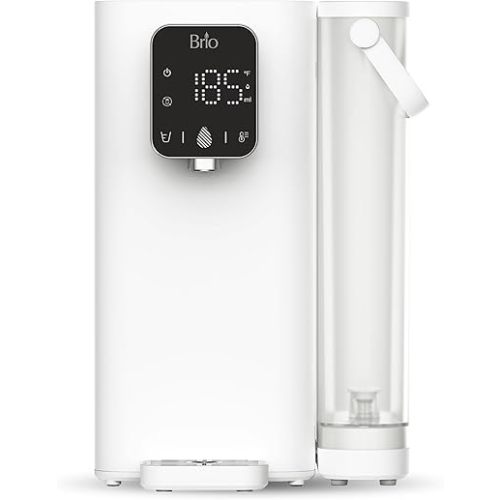 Brio SIMPL Countertop Water Dispenser, 3 Stage Water Filter & Adjustable Instant Hot Water | Easy Access Refillable 2.5L Tank | Tall 8.5" Dispense Height, LED Touch Controls, White