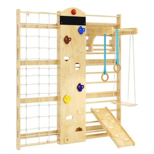 Indoor Climbing Wall, 10-in-1 Swedish Ladder, Indoor Playground for Kids and Adults, Rock Climbing Wall, Wooden Swing Sets, Gymnastic Rings, Wall Ladder, Rope Ladders, Stretching Balanced