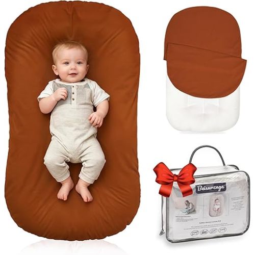 Baby Lounger for Newborn - Snuggle Cozy Me Lounger | Breathable Soft Cotton, 0-24 Months Portable Playtime Baby Nest, Newborn Baby Essentials Gifts- Orange (1 Lounger + 1 Cover)
