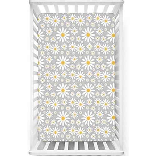 Daisy Themed Fitted Crib Sheet,Standard Crib Mattress Fitted Sheet Soft Toddler Mattress Sheet Fitted - Baby Crib Sheets for Girl or Boy,28“ x52“,Earth Yellow Pale Grey White