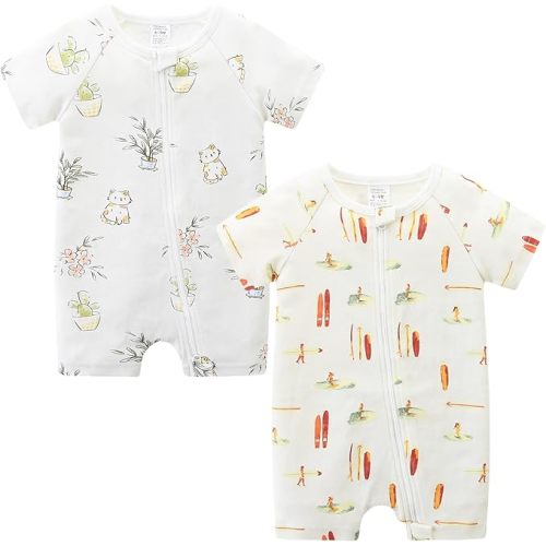 Unisex Summer Trendy 2-Pack Rompers Short Sleeve Zipped Bodysuit Infant Cotton Outfits