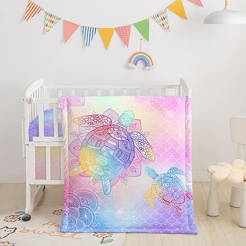 Crib Bedding Set,3pcs Nursery Crib Bedding with Comforter Crib Sheet & Crib Skirt,Mermaid Scales Colorful Turtle Printed Nursery Bedding for Baby Boys and Girls(Pink Turtle)