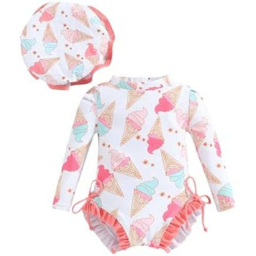 Emmababy Baby Girl Romper Swimwear One-Piece Swimsuit Long Sleeve Zipper Floral Bathing Suit Rash Guard with Hat Summer Set