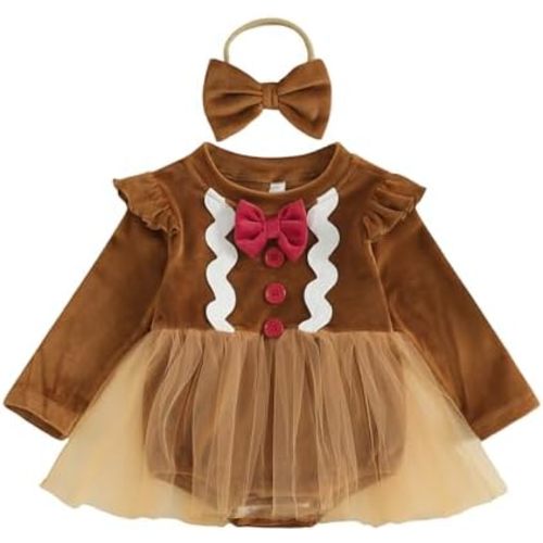 Baby Girl Christmas Outfit Gingerbread Man Long Sleeve Tutu Romper Dress Infant Bodysuit Newborn Fall Clothes Headband