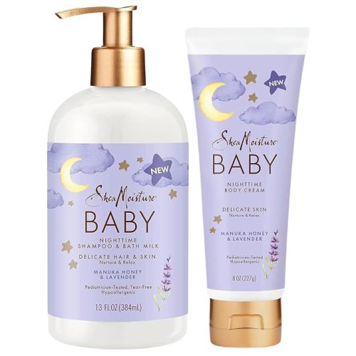 Shea Moisture Baby Care Set – Relaxing Nighttime Shampoo & Bath Milk + Body Cream for Delicate Skin, Manuka Honey & Lavender (2 Piece Set)