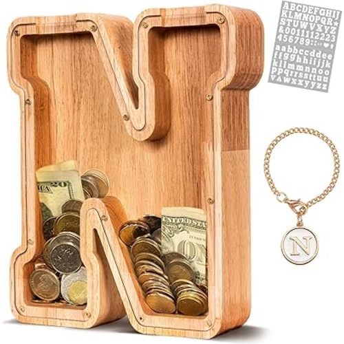 KMC Wooden Letter Piggy Bank, Personalized Initial Piggy Bank for Kids Boys, Clear Alphabet N Wood Money Box, Unbreakable Coin Saving Jar, Birthday, for Children