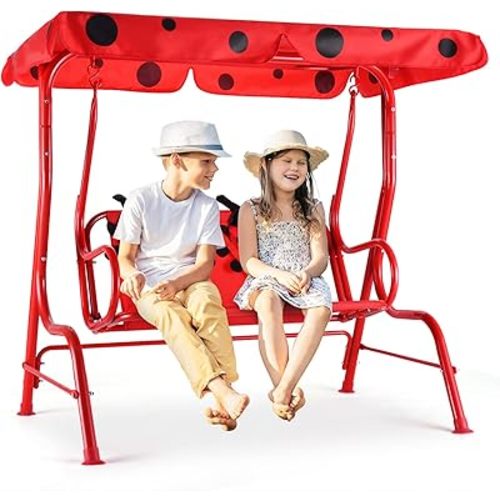 Costzon Kids Porch Swing, All-Weather Patio Swing Bench Hammock w/Adjustable Canopy & Safety Belts for 2 Children, Outdoor Swing for Backyard Garden Balcony Poolside (Red, Ladybug Pattern)