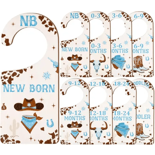 Baby Closet Dividers 8PCS, Western Cowboy Theme Wooden Double-Sided Clothes Size Hanger Organizer from Newborn to Toddler for Nursery Decor Baby Shower Birthday Gift