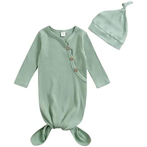 Newborn Baby Boy Girl Footie Romper Waffle Knit Side Button Jumpsuit Infant Sweater Coverall with Hat