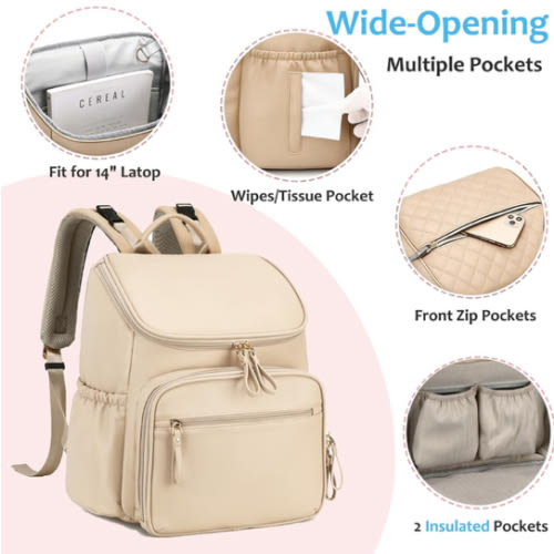 Lightweight Diaper Bag Backpack with Stroller Clips, Insulated Pockets, Baby Shower Essentials (Classic, Beige)