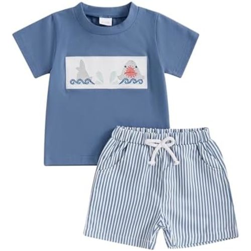 Toddler Baby Boy Clothes Summer Animal Embroidery Smocked Short Sleeve T-Shirt + Casual Shorts Set 1T 2T 3T 4T