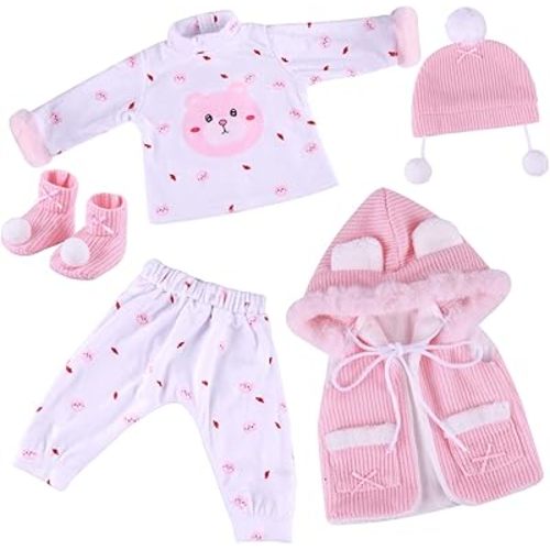 BABESIDE 5 Pcs Reborn Baby Doll Clothes Set for 17-22 Inch Babydolls, Cute Bear Doll Winter Clothes and Accessories Set with Hat Socks for Reborn Baby Dolls Girls, Pink & White