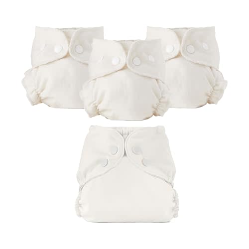 Esembly Cloth Diaper Bundle Set - 3 Organic Cotton Absorbent Inners and 1 Waterproof Outer Diaper Cover - Reusable, Washable, Snap Closure Cloth Diapers - Size 1 (7-17lbs), Parchment