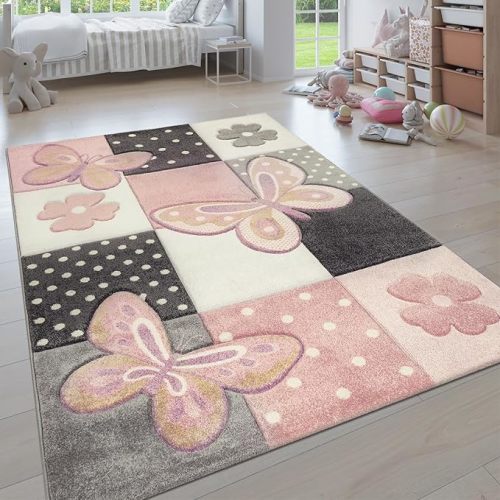 Kids Room Rug Pastel Colors Butterflies Check Pattern Spots Flowers Colourful, Size:4'7" x 6'7"