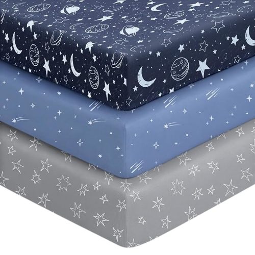 Baby Crib Sheets for Boys Girls, 28x52x8in Fitted Crib Sheet Neutral 3 Pack for Standard Crib and Toddler Mattress, Breathable Soft Microfiber Baby Sheet Blue Gray Planet