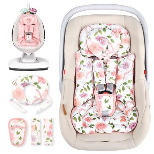Infant Car Seat Insert with Removable Cushion for Baby Girls, Reversible Newborn Carseat Insert for Baby Head Body Support, Fits for Stroller, Baby Swing, Bouncer (Pink Bow)