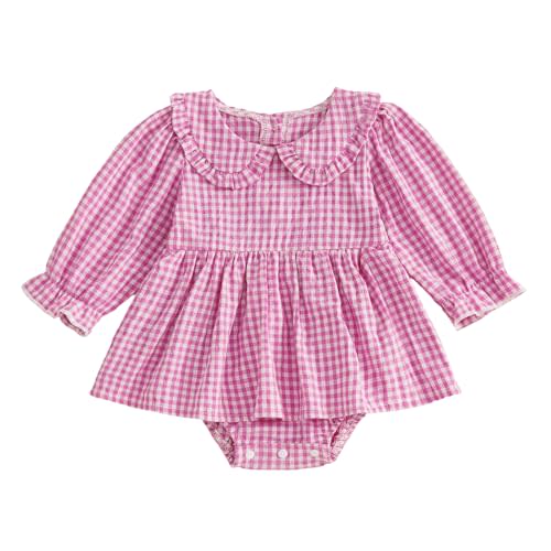 Infant Baby Girl Romper Dress Peter Pan Collar Long Sleeve Gingham Onesie Dress Toddler Bodysuit Newborn Fall Clothes