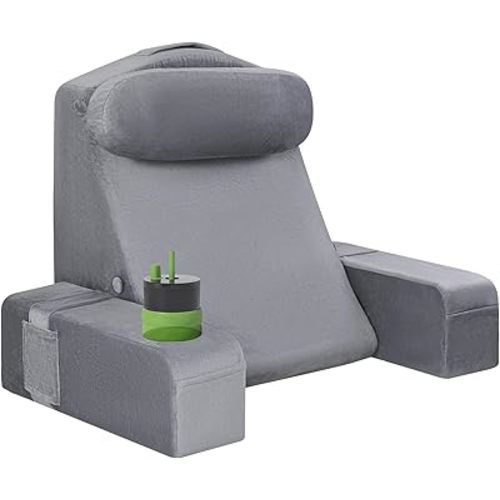AS AWESLING Reading Pillow for Adults, Back Pillow for Bed Sitting Up, Backrest Pillow for Sitting in Bed, Detachable Arms with Built-in Cup & Phone Caddy (Gray, 19 INCH)
