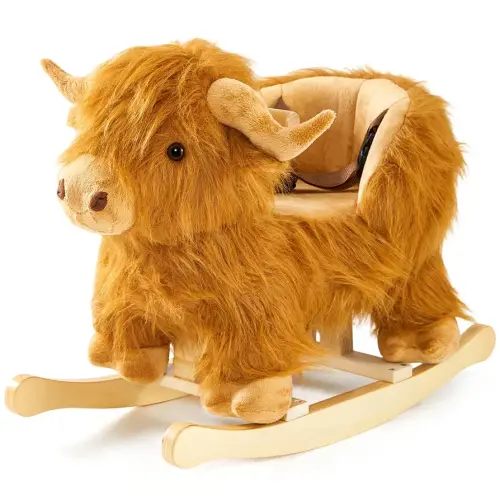 Baby Rocking Horse,Highlander Cattle Wooden Rocking Horse for Toddlers 1 Year Old Cute Cow Stuffed Plush Ride-on Toy Rocking Animal for Baby Boys and Girls Nursery/Child Christmas or Birthday Gift