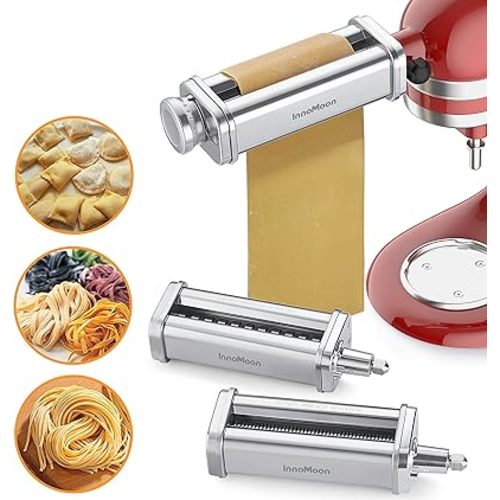 Pasta Maker Attachment for KitchenAid Stand Mixer, Includes Pasta Sheet Rollar, Spaghetti Cutter, Fettuccine Cutter, Stainless Steel Pasta Attachment Sets by InnoMoon