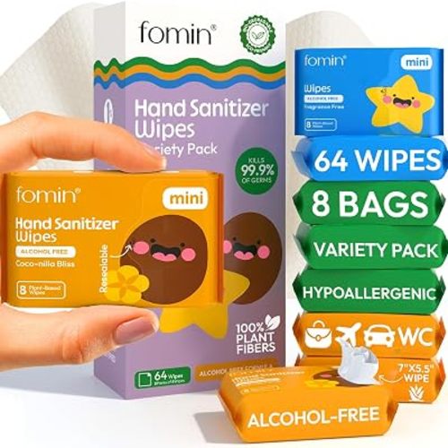 FOMIN Mini Hand Sanitizer Wipes Travel Size 8 Pack - Variety Pack