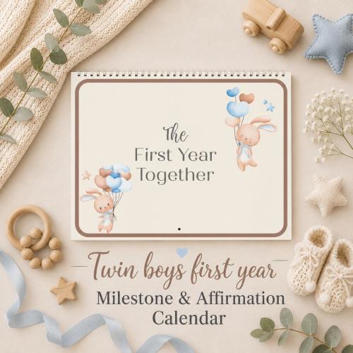 Twin Baby Boys Milestone Wall Calendar | First Year Memory Keepsake | Gift for New Parents | Boy Nursery Décor | Newborn Tracker Twins