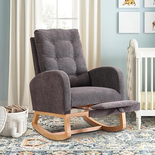 Nursery Rocking Chair with Retractable Foot Rest, Glider Rocking Chair with Solid Wood Legs, High Back, Button Decors, Mid Century Rocker Chair, Grey