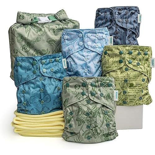 Kinder Cloth Diapers Reusable Baby Diapers Pocket Style Athletic Wicking Jersey, Bamboo Viscose Inserts, Wet Bag, Newborn to Potty Training 7-60lbs, One Size (Tranquil Garden, 5 Pack, with Inserts)