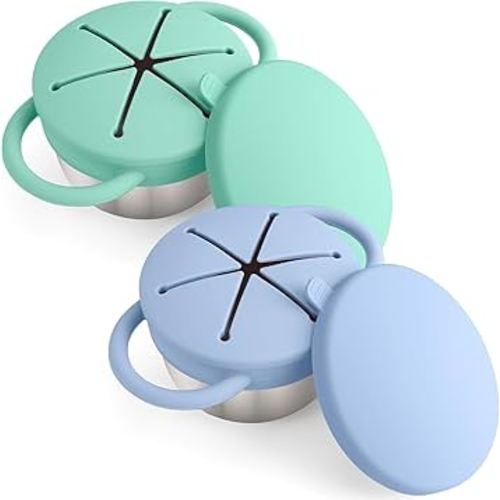 Snack Containers for Toddlers, 3-in-1 Stainless Steel Toddler Snack Cups with Removable Silicone Food Catcher & Travel Lids, No-Spill Snack Cup Kids (Matte Blue, Matte Green, Pack of 2)