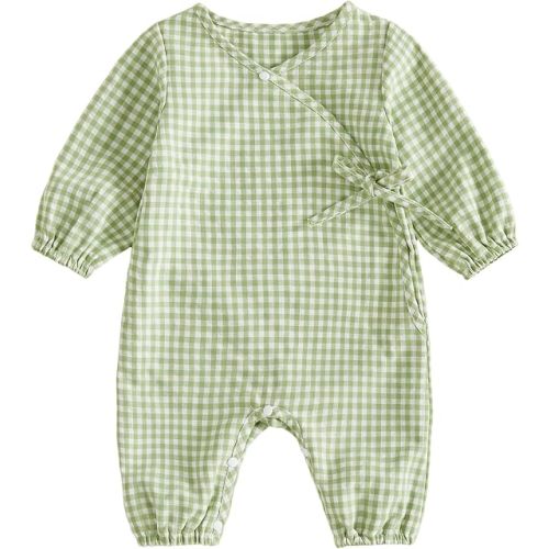 Newborn Baby Boy Girl Clothes Gingham Cotton Wrap Romper 0-12M
