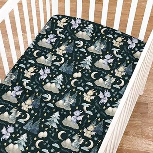 Fairytale Dragons Fitted Baby Crib Sheet for Girl Boy 52"x28" Cute Dragons Eggs Moon Stars Trees Crib Mattress Covers Soft Breathable Dreamy Animal Baby Sheet for Standard Crib & Toddler Bed Mattress