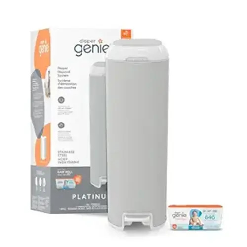 Diaper Genie Platinum Pail (Grey) is Made in Durable Stainless Steel and Includes 1 Easy Roll Refill with 18 Bags That can Last up to 5 Months.
