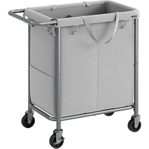 SONGMICS Laundry Basket with Wheels, 2-Section Rolling Laundry Hamper, 37 Gallons (140 L), Removable Liner, Steel Frame with Handle, 27.2 x 15.4 x 31.9 Inches, Dove Gray URLS004G01