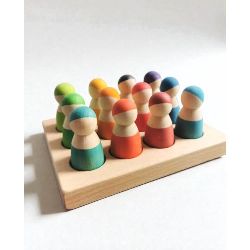 Handcrafted Wooden Peg Dolls with Sorting Board| Rainbow Friends| Montessori Toy