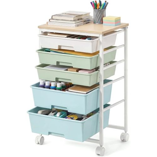 VASAGLE Rolling Cart with Drawers,5 Drawers Storage Cart, Green and White