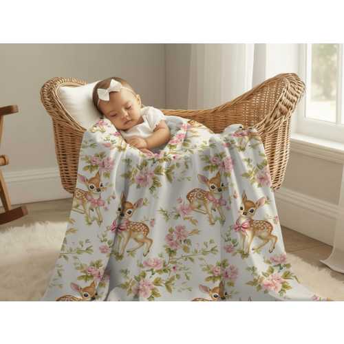 Woodland Deer Baby Blanket Vintage Floral Fawn Throw Pink Nursery Decor Velveteen or Sherpa Baby Girl Shower Gift for New Baby