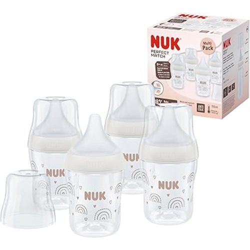 NUK Perfect Match Baby Bottles Set | 0+ Months | Adapts to Baby's Palate | Temperature Control | Anti Colic Vent | 150 ml | BPA-Free | Small Silicone Teat | Rainbow | 4 Count
