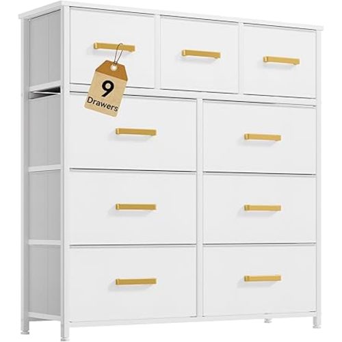 DWVO Dresser with 9 Drawers - Fabric Storage Tower, Organizer Unit for Living Room, Hallway - Sturdy Steel Frame, Wooden Top & Easy Pull Fabric Bins