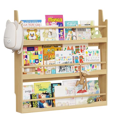 Lkeiyay Wooden Kids Bookshelf,Wall Mount 3-Tier Book Shelf Organizer for Toys and Books,Wall Book Shelves for Bedroom Kids (Natural)