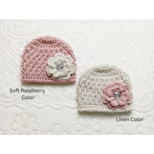 Crochet Baby Girl Beanie Hat with Flower, Newborn Photo Prop, Newborn Keepsake, Baby Shower Gift