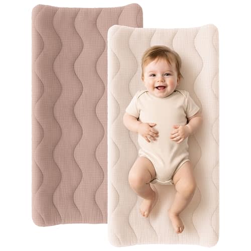 Konssy Waterproof Muslin Changing Pad Cover 2 Pack, 100% Cotton Quilted Diaper Changing Table Sheets, Soft Breathable Boho Nursery Bedding for Baby, Silent & Absorbent Standard Fit (Taupe,Cream)