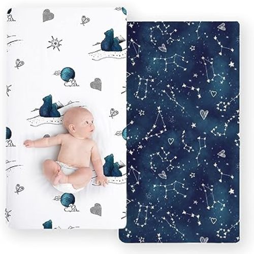JumpOff Jo - 2 Pack Fitted Crib Sheet, Super Soft Breathable 100% Cotton Baby Crib Sheet for Standard Crib Mattresses and Toddler Beds, 28 in. x 52 in. - Galaxy & Mama Bear