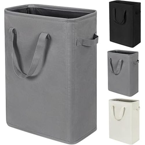 ZERO JET LAG Slim Laundry Hamper With Handles Collapsible Laundry Basket Thin Dirty Clothes Basket Narrow Laundry Bag Foldable Dirty Cloth Hamper 45L (21 inches,Grey)