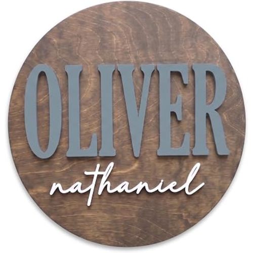 Name Signs for Nursery, Baby Name Sign, Wooden Name Plaque for Kids Room, Round 3D Nursery Wall Art, 30 Font Colors, Various Wood Stains