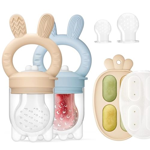 2 Packs Baby Fruit Feeder & Freezer Tray Combo, Push Pop Baby Food Feeder to Safely Introduce New Foods, Fresh & Frozen Food Silicone Feeder, 100% Food Grade, BPA Free