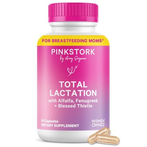 Pink Stork Total Lactation Supplement for Breast Milk Supply, 60 Capsules | 5 Organic Herbs Including Fenugreek + Alfalfa | Support Breastfeeding, Milk Flow + Production | Postpartum Essentials